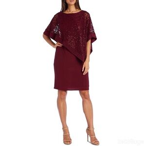 ✅ NWT R&M Richards Sequined Lace Poncho Wine Dress size 8